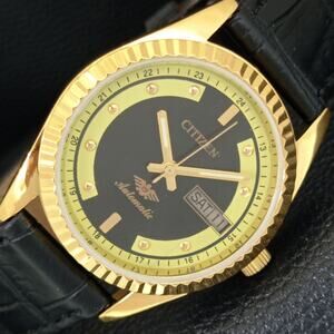 Vintage 1983 Citizen Automatic Mens Gold Watch W/daydate & Yellow accents